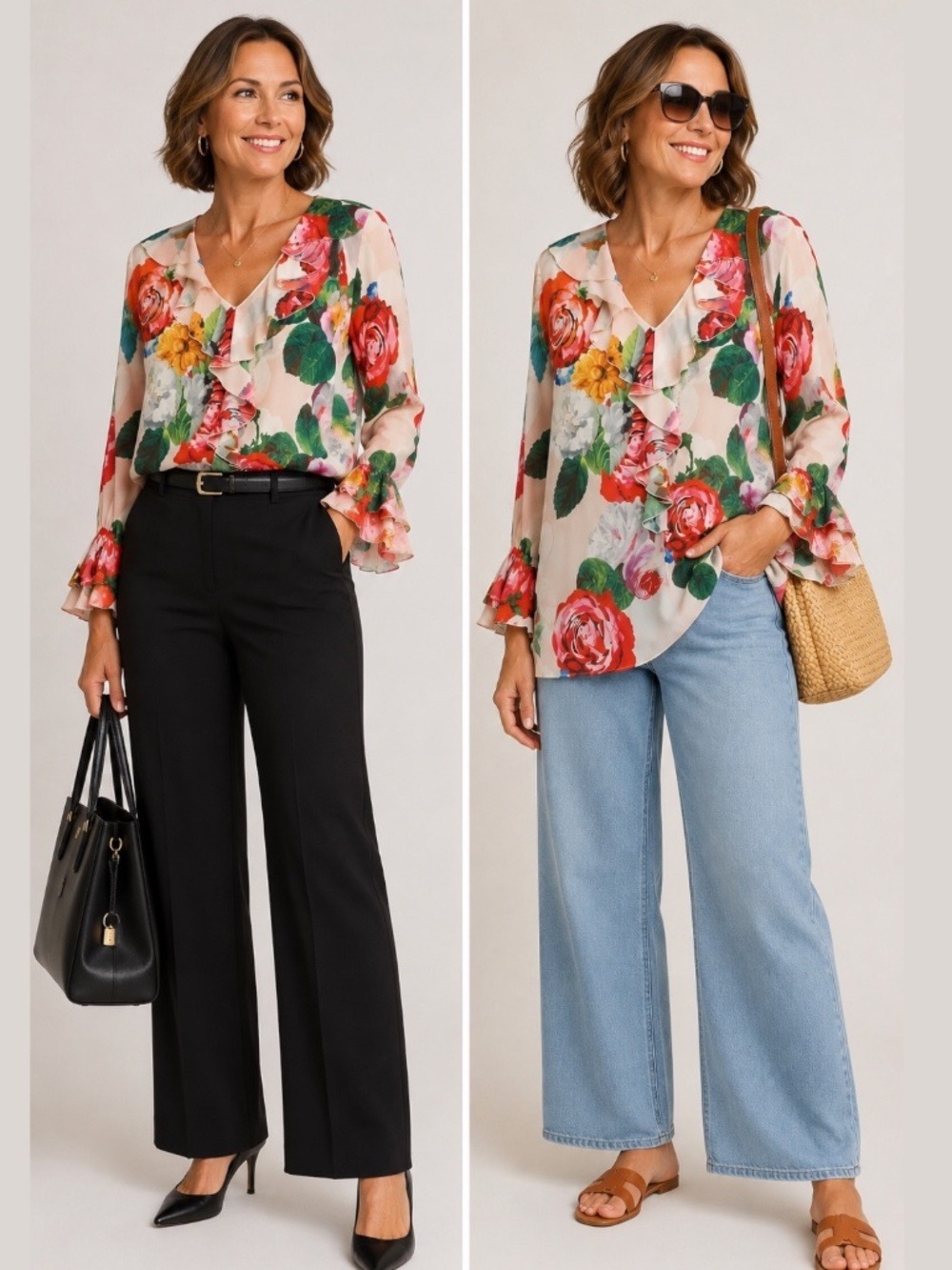 MELANIE LYNE Poly Chiffon Blouse Lined Body Ruffle Details Rose Floral Print 14